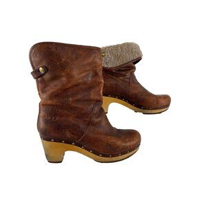 Ugg Lynnea Brown Leather Distressed Boot w/ Wooden Sole Boots Women's Size 9